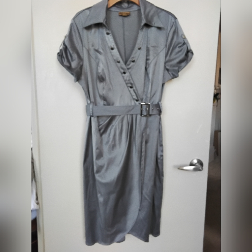 Satin Wrap-Style Belted Dress - Gray
